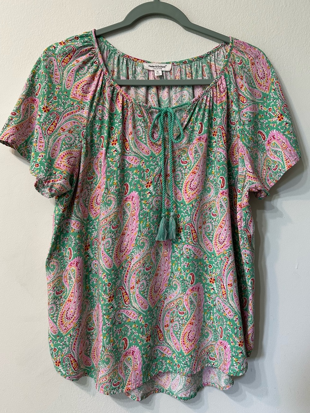 Hester & Orchard Paisley Peasant Blouse Size XL Green Pink Rayon Boho Tassel Top